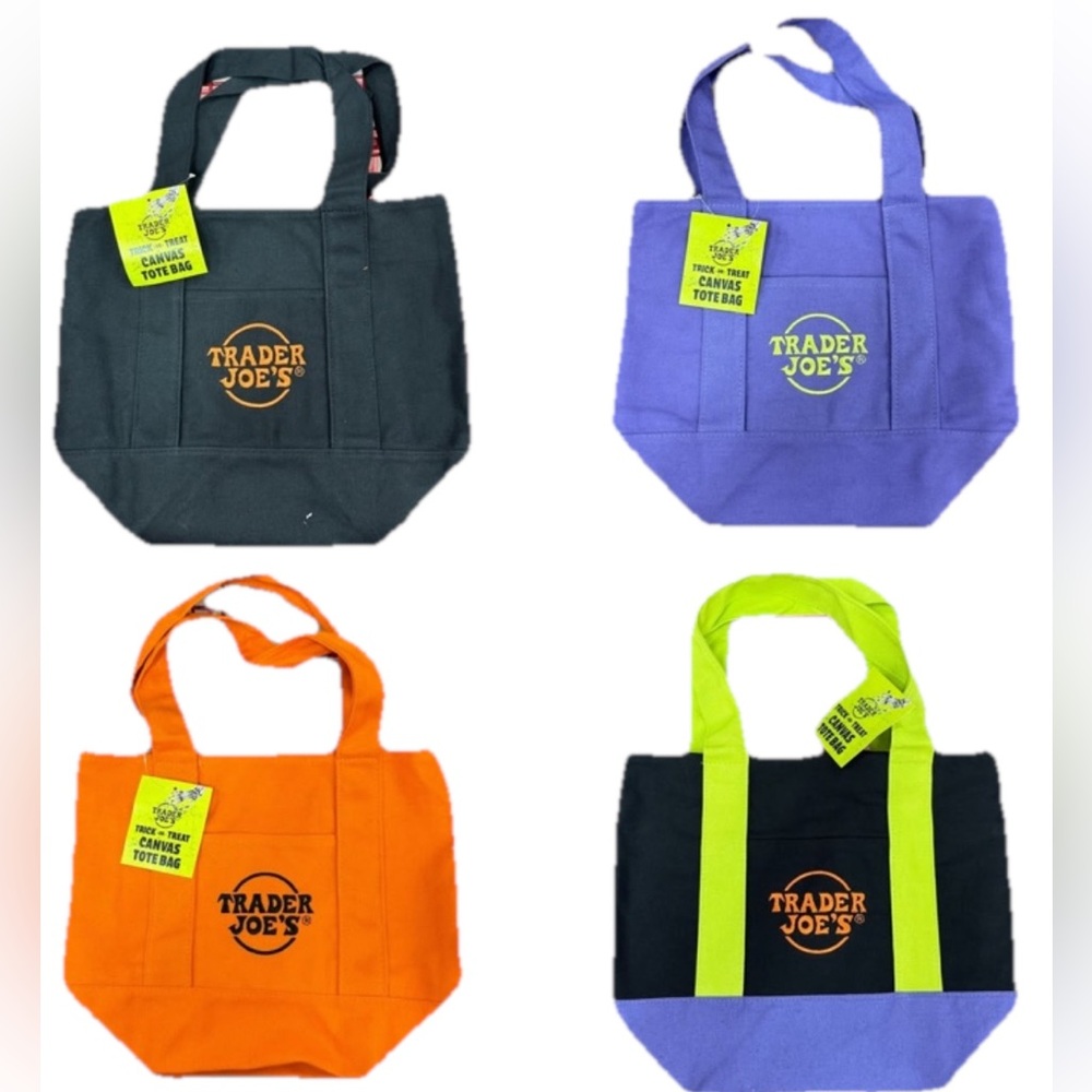 Trader Joe's Mini Canvas Reusable Tote Set Of 4 Black,Orange, Purple & Multi NEW